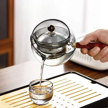 Semi-Automatic Rotary Glass Teapot – Heat-Resistant Lazy Tea Maker with Infuser & Wooden Handle for Home and Office