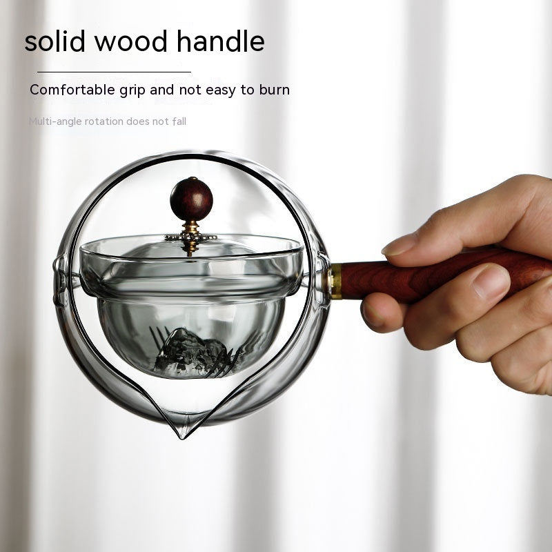 Semi-Automatic Rotary Glass Teapot – Heat-Resistant Lazy Tea Maker with Infuser & Wooden Handle for Home and Office