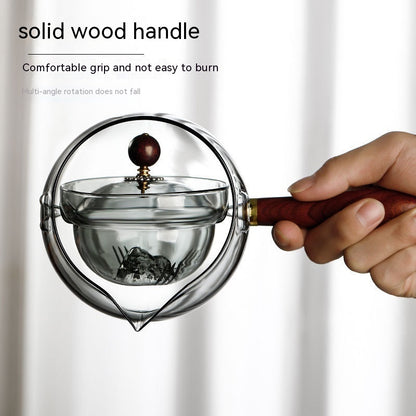 Semi-Automatic Rotary Glass Teapot – Heat-Resistant Lazy Tea Maker with Infuser & Wooden Handle for Home and Office
